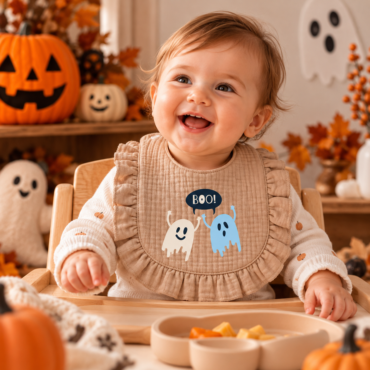 Zonaeffe - Bavaglino con fantasmini di Halloween - chiusura con bottoni a clip - col. sabbia - Unisex