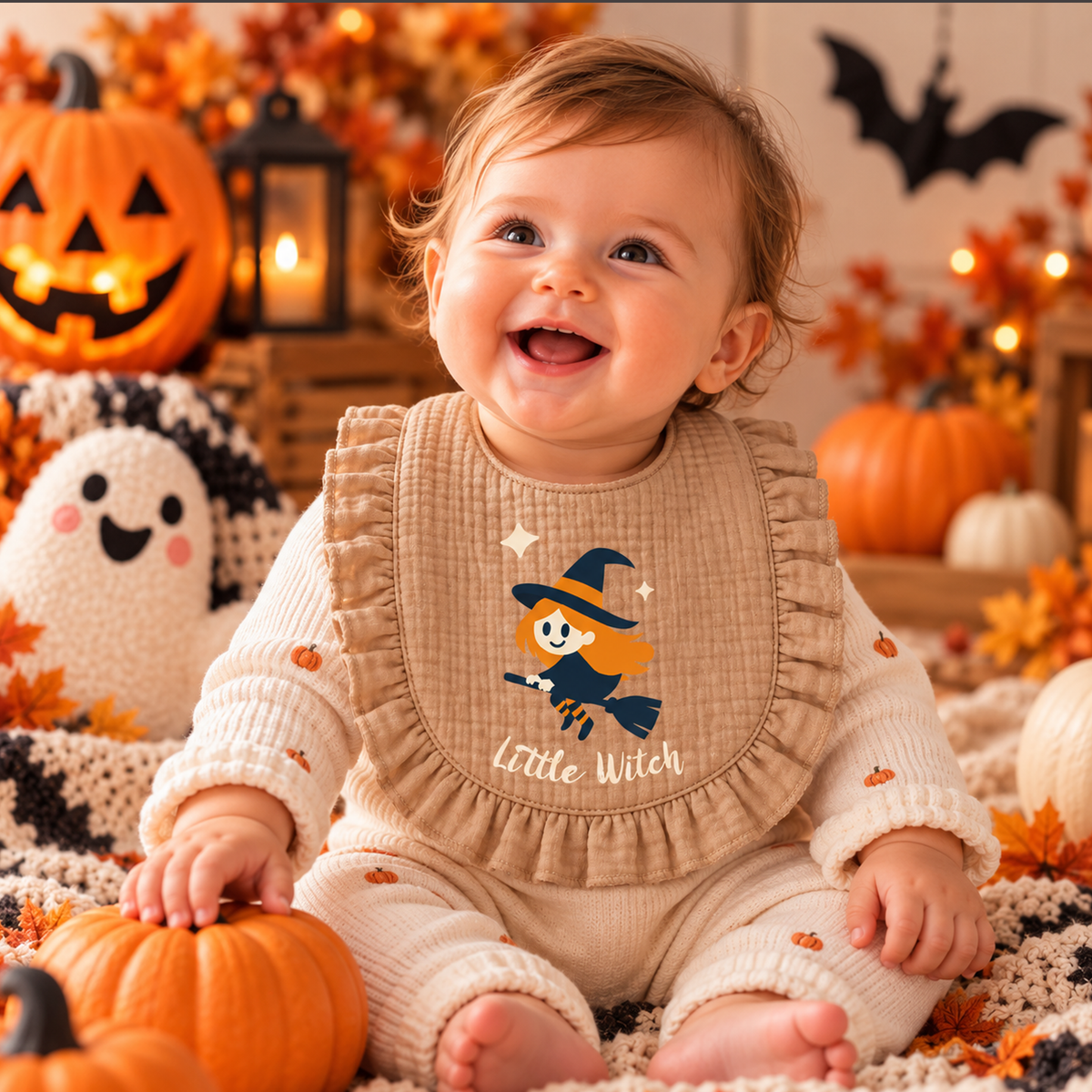 Zonaeffe - Bavaglino con strega di Halloween - chiusura con bottoni a clip - col. sabbia - Bimba