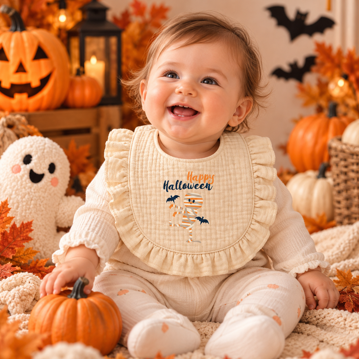 Zonaeffe - Bavaglino con mummia di Halloween - chiusura con bottoni a clip - col. Panna - Unisex