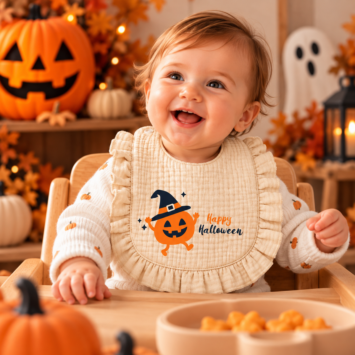 Zonaeffe - Bavaglino con zucca di Halloween - chiusura con bottoni a clip - col. panna - Unisex